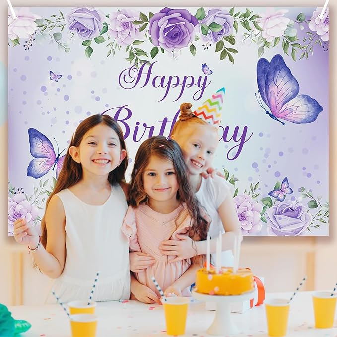 8x6Ft Purple Butterfly Birthday Banner Backdrop for Women Girl Purple Happy Birthday Backdrop Banner (96x72 Inch) Rose Flowers Butterfly Decortions Background for GILR 's Party