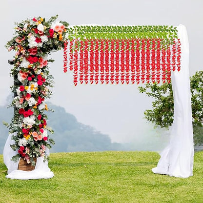 Artificial Wisteria Hanging Flowers Fake Wisteria Flower Garland Silk Vines Rattan Decor for Home Wedding Arch Wall Garden Greenery Bedroom Outdoor Office Party Decoration (12, Red)