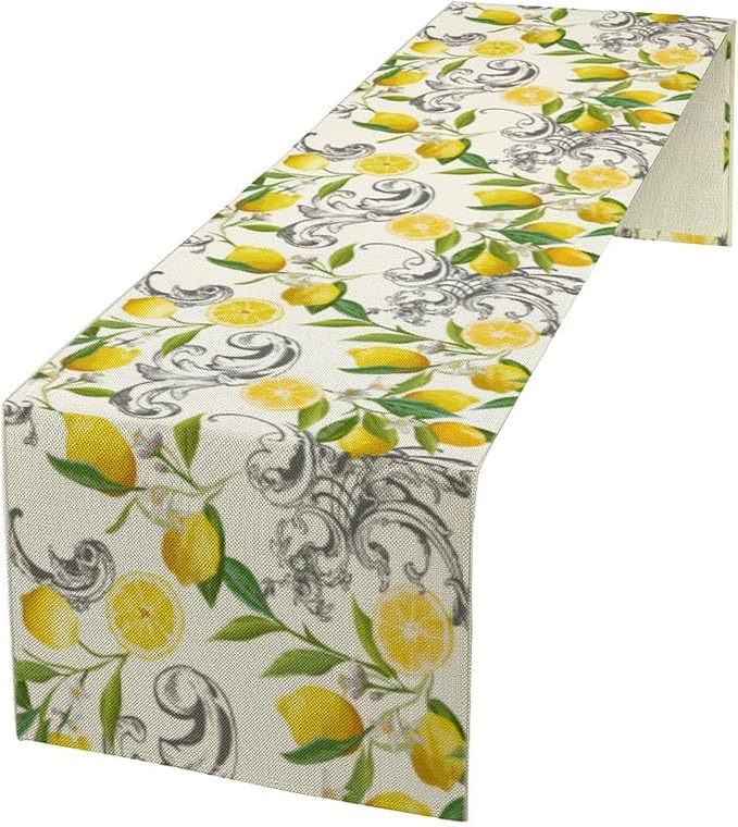 Lemon Table Runner , Summer Yellow Fruits Green Leaves Kitchen Dinning Table Decoration for Indoor Outdoor Home Party Decor 13"x36"