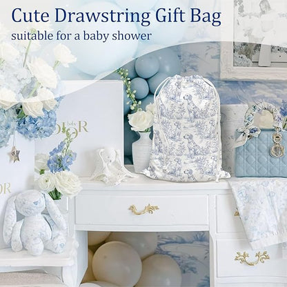 DSHFG Blue Chinoiserie Birthday Drawstring Gift Wrap Bags, Chinoiserie Dog Baby Shower Drawstring Gift Bags Canvas, Blue and White Small Happy Birthday Bag, Gifts for Women Dog Lovers, 10x13 Inch