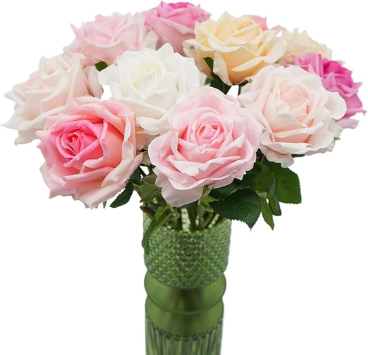 6 Pcs Silk Real Touch Latex Roses, Artificial Single Stem Big Bloom Faux Roses for Home Party Office Wedding Indoor Decor, Floral Arrangements, Table Centerpieces