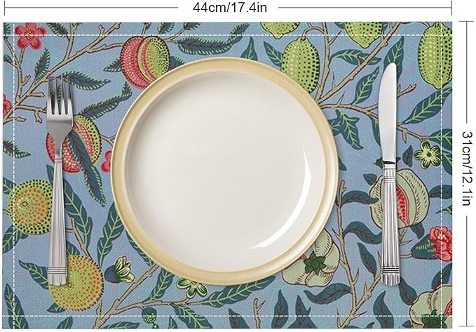 Vintage Fruit Placemats Set of 6, William Morris Retro Boho Flower Botanical Plant Place Mats, Heat Resistant Non Slip Cotton Linen Dining Table Mats for Home Kitchen Party 18x12 Inch