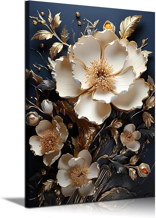 3D Abstract Flower Canvas Wall Art White Floral Texture Poster Prints Serene Blossoms Wall decor pictures for Bedroom and Bathroom Home Decorations Framed(16inx24in Canvas)