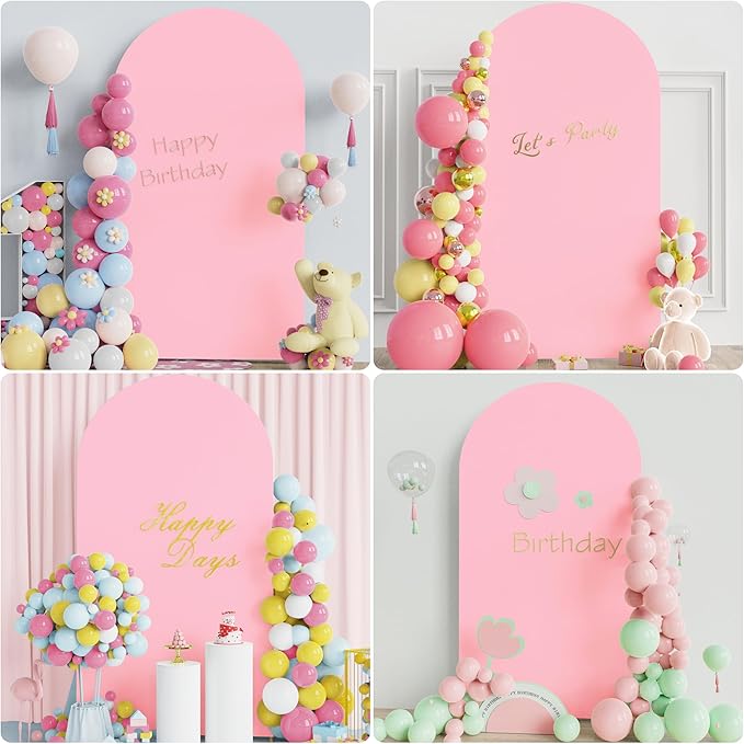 Putros 7.2ft Metal Arch Stand with Cover Pink Spandex Fitted Wedding Arch Cover and Round Top Chiara Backdrop Stand Set for Birthday Party Baby Shower Decoration