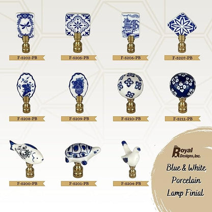 Royal Designs, Inc. Porcelain Bird Finial for Lamp Shade, Polished Brass, Blue & White, Pack of 2