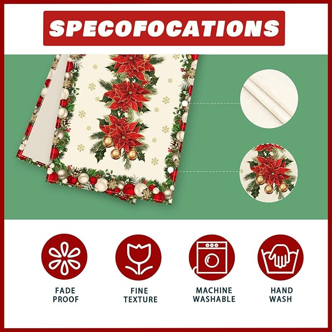 XCHI Christmas Poinsettias Leaves Bells Snowflakes Winter Xmas Table Runner Table Decoration for Home Kitchen Dining Holiday Decor 13x48 Inch