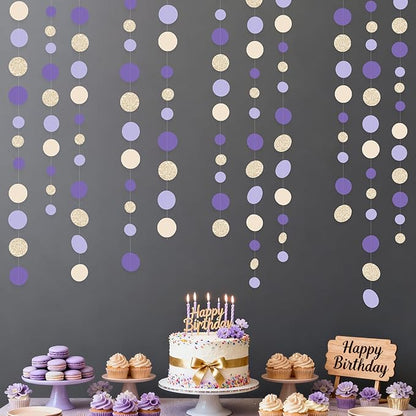 Champagne Gold Purple Cream Nude Polka Dots Garland Lavender Hanging Paper Circle Dot Streamer for Birthday Wedding Engagement Baby Shower Bridal Shower Lilac Violet Theme Party Decorations Supplies
