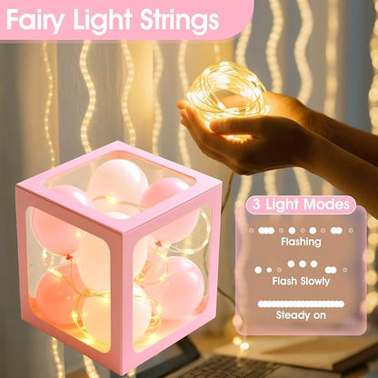 Ledido Baby Boxes with Letters for Baby Shower Decorations, 4 pcs Clear Balloon Boxes Blocks Decor with LED Fairy String Lights for Boy Girl Gender Reveal Decorations Backdrop Party (Pink)