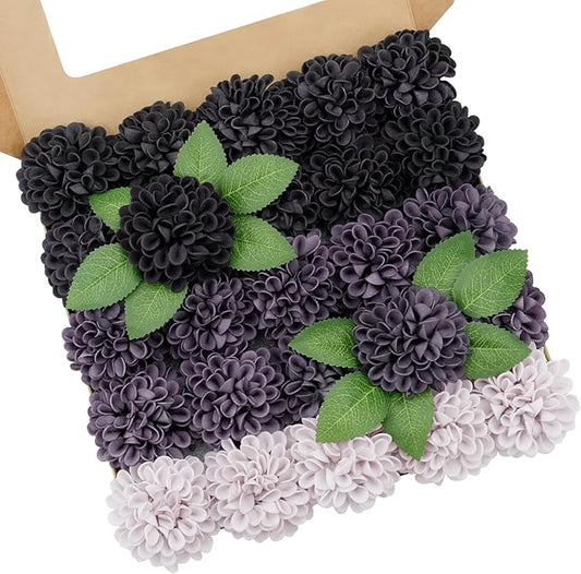 Artificial Flowers, 50pcs Realistic Artificial Rose for DIY Wedding Bouquets Centerpieces Arrangements, Gradient Violet Shades Dahlia Flowers with Stem for Bridal Shower Party