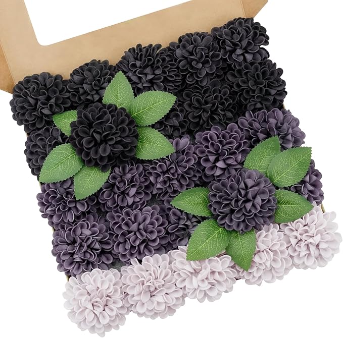 Artificial Flowers, 100pcs Realistic Artificial Rose for DIY Wedding Bouquets Centerpieces Arrangements, Gradient Violet Shades Dahlia Flowers with Stem for Bridal Shower Party Home Decorations