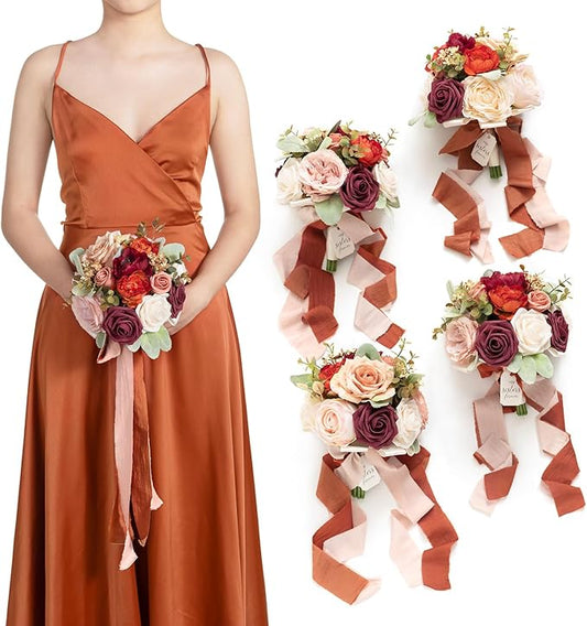 Ling's moment Artificial Flowers Burnt Orange Bridesmaid Bouquet Set of 4, Wedding Flowers Bouquets for Bridesmaids, 7 Inch Bridal Bouquets for Bridesmaids, Wedding, etc