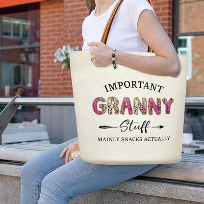 Canvas Tote Bag for Women, Important Stuff Bag with Leather Handle, Reusable Grocery Bags for Shopping Beach Travel