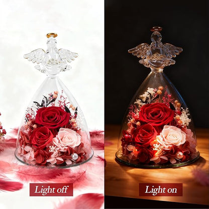 Christmas Rose Gifts for Women, 7" Red Preserved Roses Flowers in Glass Angel Figurine, Birthday Gift for Mom Wife Grandma, Eternal Rose for Mothers Day Valentines Anniversary