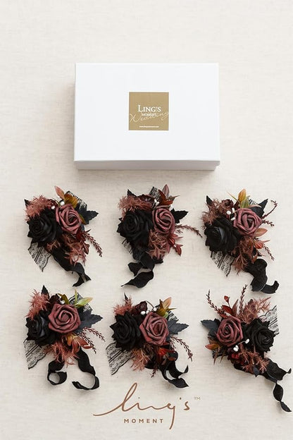 Ling's moment 6pcs Wedding Wrist Corsage Artificial Flowers, Girl/Mother Homecoming Prom Corsages Wristlet Halloween Décor, etc. Black Gothic Burgundy