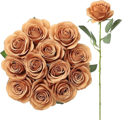12pcs Roses Artificial Flowers Terracotta Fake Roses Flowers with Long Stems Silk Flowers for Wedding Bouquet Centerpices Decorations Party Bridal Baby Shower Home Decor