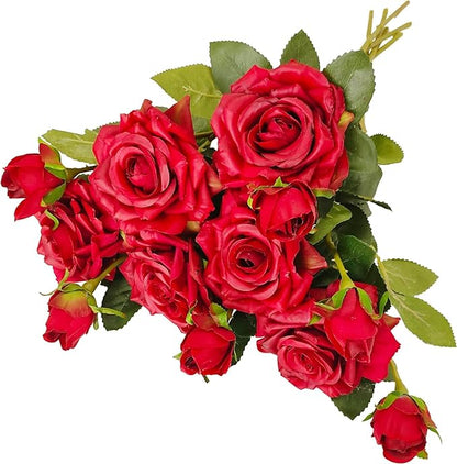 ATFL Fake Red Roses Flowers, 6 Pcs Faux Silk Real Touch Moisturizing Artificial Rose Flowers for Decoration DIY Wedding Party Home Office Decoration and Dining Table Centerpiece (6, red)