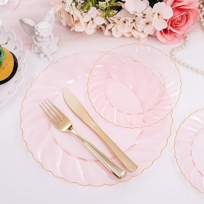YOUBET 125Pieces Clear Pink Plastic Plates with Gold Rim - Gold Plastic Silverware Include 25 Dinner Plates 25 Dessert Plates 75 Golden Silverwares for Wedding Birthday & Parties