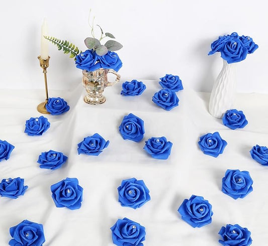 IPOPU 100pcs Royal Blue Artificial Rose Heads with Crystal 3in Real Looking Foam Fake Roses for DIY Craft Wedding Bouquets Wall Decoration Bridal Shower Arrangement Home Decorations(Royal Blue)