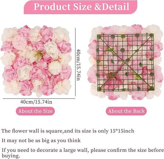 3D Flower Wall Backdrop - 12Pcs Artificial Flower Wall Panel 15 * 15inch Decoration Pink and White Roses Wall for Home Party Wedding Anniversary Birthday