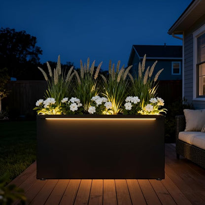 GSK 30" L Black LED Metal Planter Rectangle Flower Box Light Strips ×2 Galvanized Trough Indoor Rectangular Outdoor Patio Terrace Balcony Garden Plant with Drainage Holes & Insert