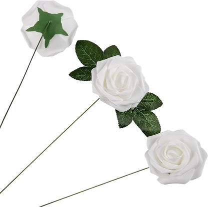 Artificial Flower Foam Rose 25pcs Real Looking Fake Rose with Stems Leaves for Home Decoration Party Garden Centerpieces DIY Wedding Bouquets（White）