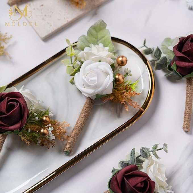 Meldel Boutonniere for Men Wedding,Set of 6,Groom and Groomsman Boutonniere for Wedding,Greenery Rose Corsage for Men Ceremony Anniversary Party Prom Homecoming,Burgundy White