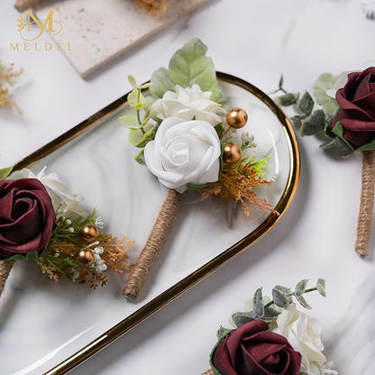 Meldel Boutonniere for Men Wedding,Set of 6,Groom and Groomsman Boutonniere for Wedding,Greenery Rose Corsage for Men Ceremony Anniversary Party Prom Homecoming,Burgundy White