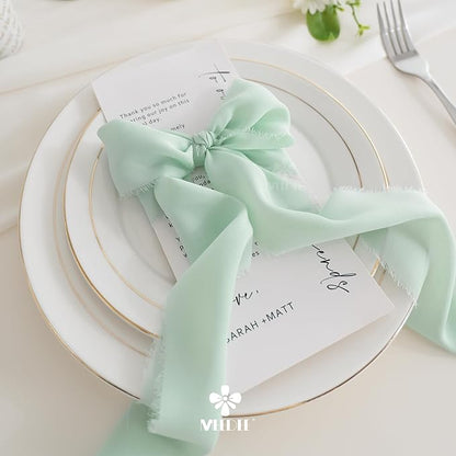 MEEDEE Mint Green Chiffon Ribbon 3 Inch Green Frayed Chiffon Silk Fringe Ribbon Wide Chiffon for Crafts, Flower Bouquet, Wedding Favors Wrapping (2 Rolls 10 Yards)