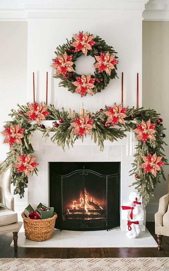 Hollyone 3PCS Poinsettia Christmas Flowers Artificial 11" Large Red and Gold Glitter Poinsettia Flowers Christmas Tree Ornaments Floral Picks for Tree Wreath Garland Vase Table Centerpiece Home Decor