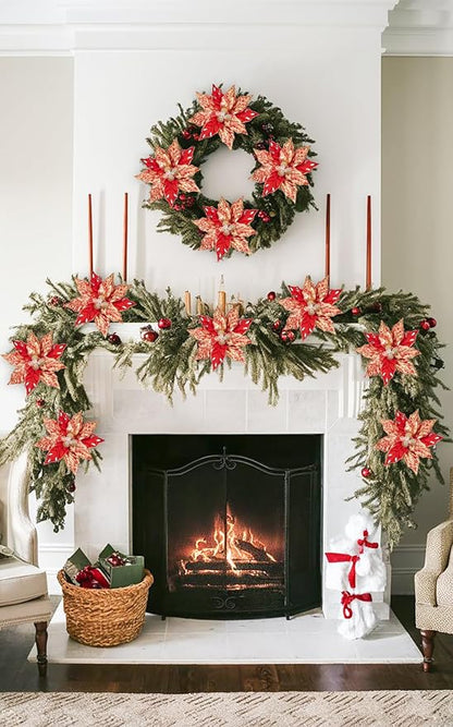 Hollyone 3PCS Poinsettia Christmas Flowers Artificial 11" Large Red and Gold Glitter Poinsettia Flowers Christmas Tree Ornaments Floral Picks for Tree Wreath Garland Vase Table Centerpiece Home Decor