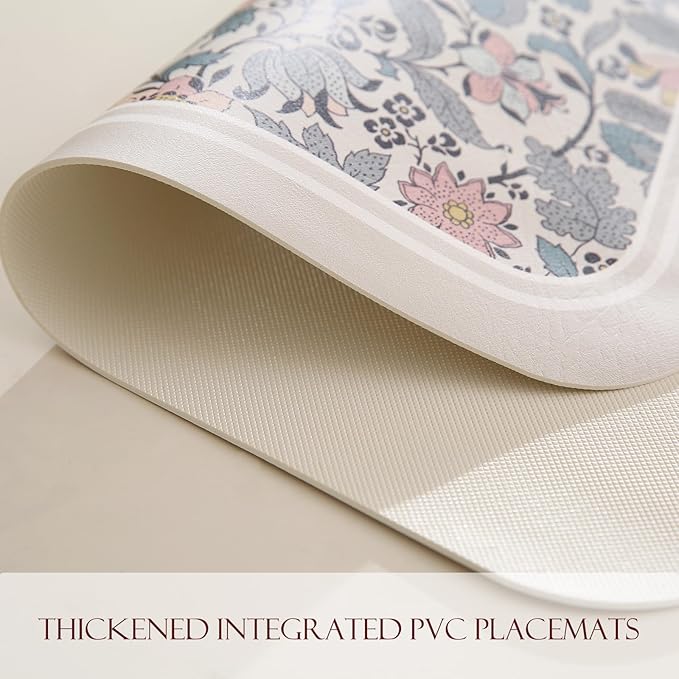 ISAENNE Designer PVC Placemats Set of 6,Rectangular Floral Placemat, Waterproof and Heat-Resistant,Decoration for Kitchen, Dining, Party,Holiday, New Year,12"*17"