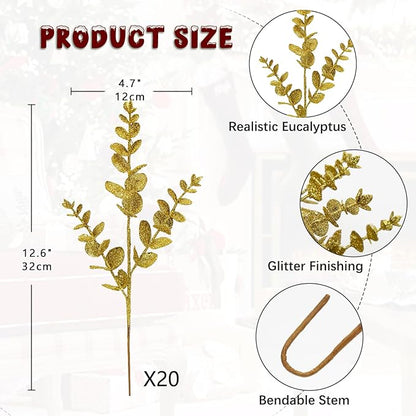 Hollyone 20 Pcs Glitter Artificial Eucalyptus Branches 13" Christmas Pine Stems Picks Gold Fake Picks Stems for DIY Christmas Tree Garland Wreath Crafts Home Decoration