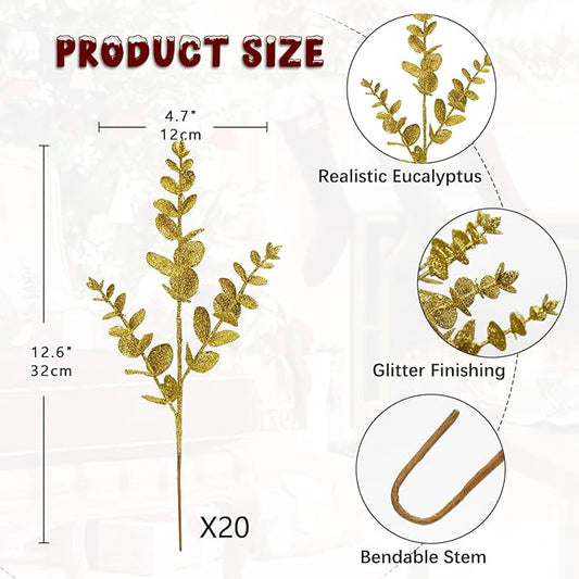 Hollyone 20 Pcs Glitter Artificial Eucalyptus Branches 13" Christmas Pine Stems Picks Gold Fake Picks Stems for DIY Christmas Tree Garland Wreath Crafts Home Decoration