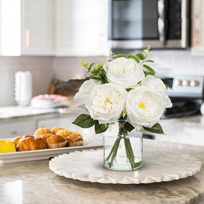 Hollyone Real Touch Peonies Artificial Flowers Arrangements in Vase White Fake Peonies with Glass Vase Silk David Austin Roses Faux Flowers with Clear Faux Water Bouquet Table Centerpiece Home Decor