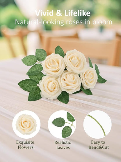 N&T NIETING Roses Artificial Flowers, 50pcs Fake Flowers Foam Roses for DIY Wedding Bridal Bouquet Baby Shower Party Cake Wall Decoration, Cream
