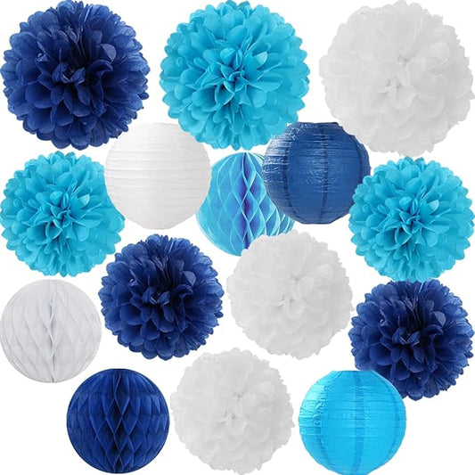 Blue Paper Flowers Tissue Pom Poms Honeycomb Lanterns 15pcs Light Royal Navy Party Decorations Boy Birthday Ocean Wedding Baby Bridal Shower Bachelorette Graduation Hanging Supplies Mprocherify