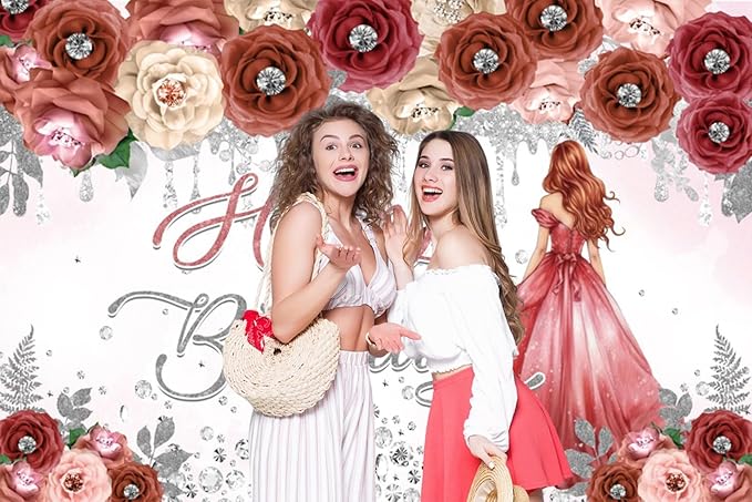 AOFOTO Happy Birthday Backdrop Red Beige Pink Rose Floral Diamond Print Photography Background for Women Girls Birthday Party Banner Home Wall Decor Photo Studio Booth Props 10x7ft