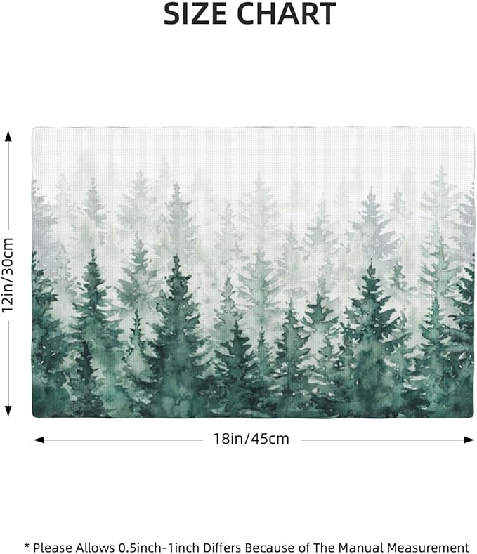 Forest Placemats, Vintage Rustic Watercolour Natural Green Misty Valley Forest Print Washable Fabric Placemats Table Kitchen Dining Party 12x18 Inch Set of 6