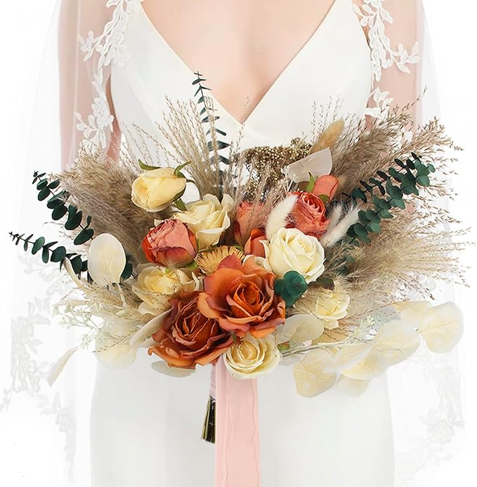 Rinlong 15.7" Wide Fall Wedding Bouquets for Bride Burnt Orange Dried Flowers Pampas Bridal Bouquet for Wedding Boho Terracotta Bouquets