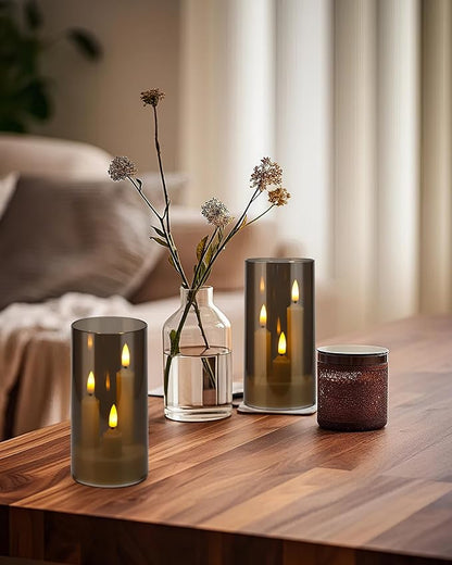 Enido 2 Pc Flameless LED 3-in-1 Taper Candles with Remote & Timer, Battery Operated Acrylic Pillar Set, 3" x 6" Flickering Electric Lights for Cozy Home & Holiday Romantic Decor (Gray)