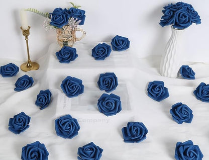 IPOPU Artificial Roses Flowers Heads, 100 Pcs Navy Blue Foam Fake Roses Bulk 3inch Stemless Faux Flowers for DIY Wedding Bouquets, Crafts, Wall Decor,Bridal Shower Party Home Decor(Navy Blue)