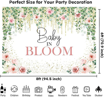 Sensfun Baby in Bloom Backdrop Green Leaves Pink Flowers Baby Shower Party Decorations Girls Greenery Floral Baby in Bloom Banner Gold Glitter Dots Photography Background Cake Table Supplies 8x6ft