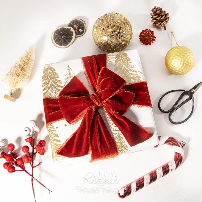 Ribbli Rust Red Velvet Ribbon 2 Inch Handmade Frayed Vintage Christmas Ribbon for Gift Wrapping Christmas Tree Ornament Wreath Craft Home Decor -3 Yards