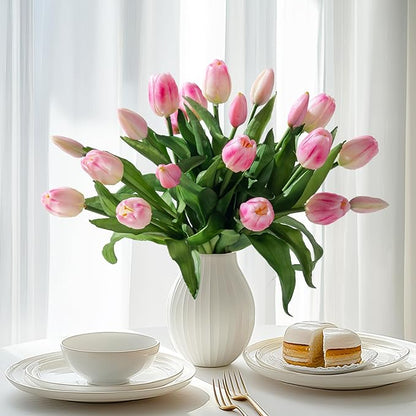 20PCS Fake Tulips Artificial Tulip Silk Flowers Fake PU Bouquet Artificial Flowers Faux Flowers with Gift Box Soft Faux Tulips Bouquets Arrangements for Party Wedding Home