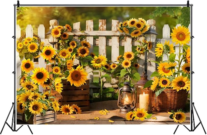Rustic Sunflowers Backdrop Rustic Wooden Fence Sunflower Floral Photography Background for for Girls Woman Garden Party Banner Decoraitons Portrait Photo Booth Studio Props 7x5ft FU013DX