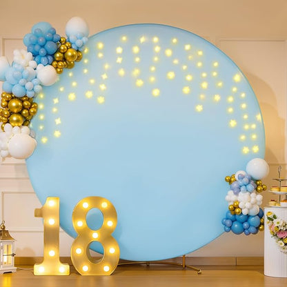 6.6 FT Baby Blue Round Backdrop Cover with Lights String for Circle Arch Stand, Circle Backdrop Covers with LED Fairy Lights for Wedding Baby Shower Boy Birthday Party Photo Shoot Background
