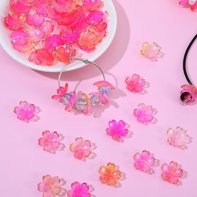 100 Pcs Cherry Blossom Beads, 5-Petal Acrylic Spacer Flower Beads for Jewelry Making, Mini Golden Edge Floral Shaped Bead for Making DIY Craft, Charms, Bracelets, Necklaces, Earrings (Pink Gradient)