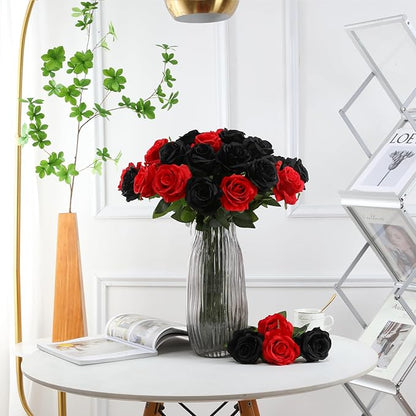 Tifuly Roses Artificial Flowers - 12 pcs Realistic Long Stem Fake Roses Mashup Style Silk Roses for DIY Bouquets Wedding Centerpieces Arrangements Home Party Decor(Black & Red)