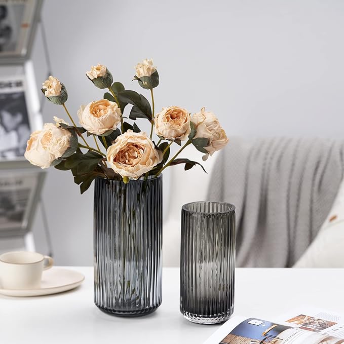 Flower Vase 9.7 inch Grey Thickened Hand Blow Glass Vase Round Vintage Striped Bottles for Bookshelf,Dinner Table,Indoor Office Desktop,Meeting Room,Bathroom,Countertop,Home