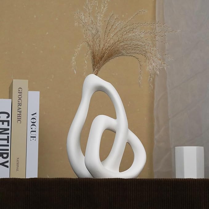 Unique White Ceramic Vases for Home Decor, 9.1" H Boho Nordic Aesthetic Modern Style, Decorative Vases for Home Decor Living Room